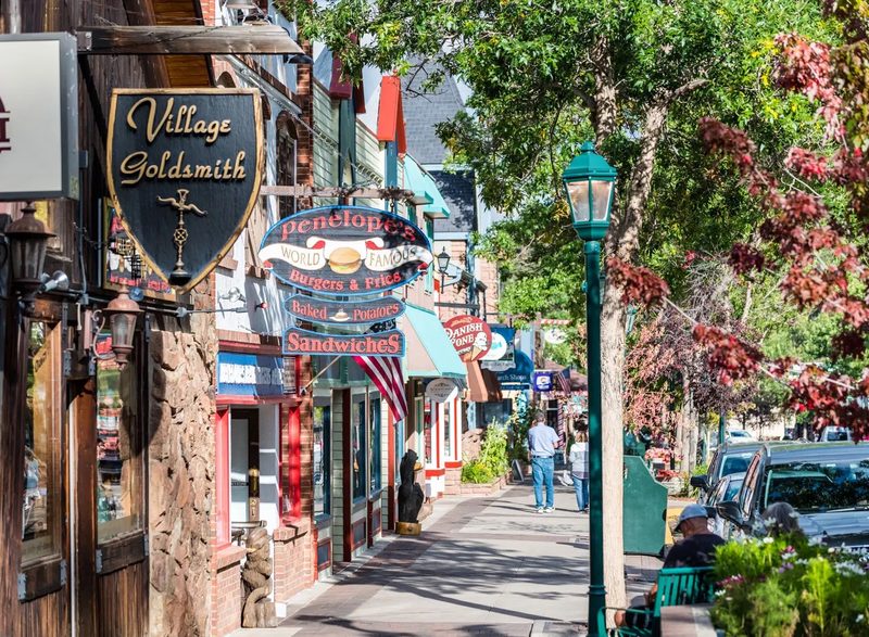 Shopfronts along the main street in downtown Estes Park