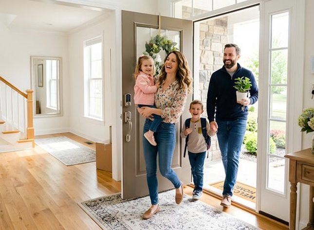 A family stepping through the front door of their home