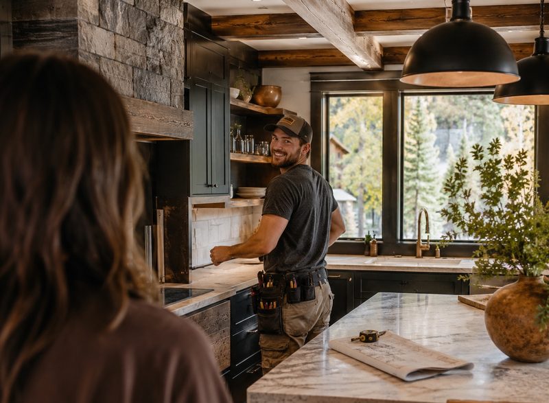 A tradesperson at work in a mountain-home kitchen